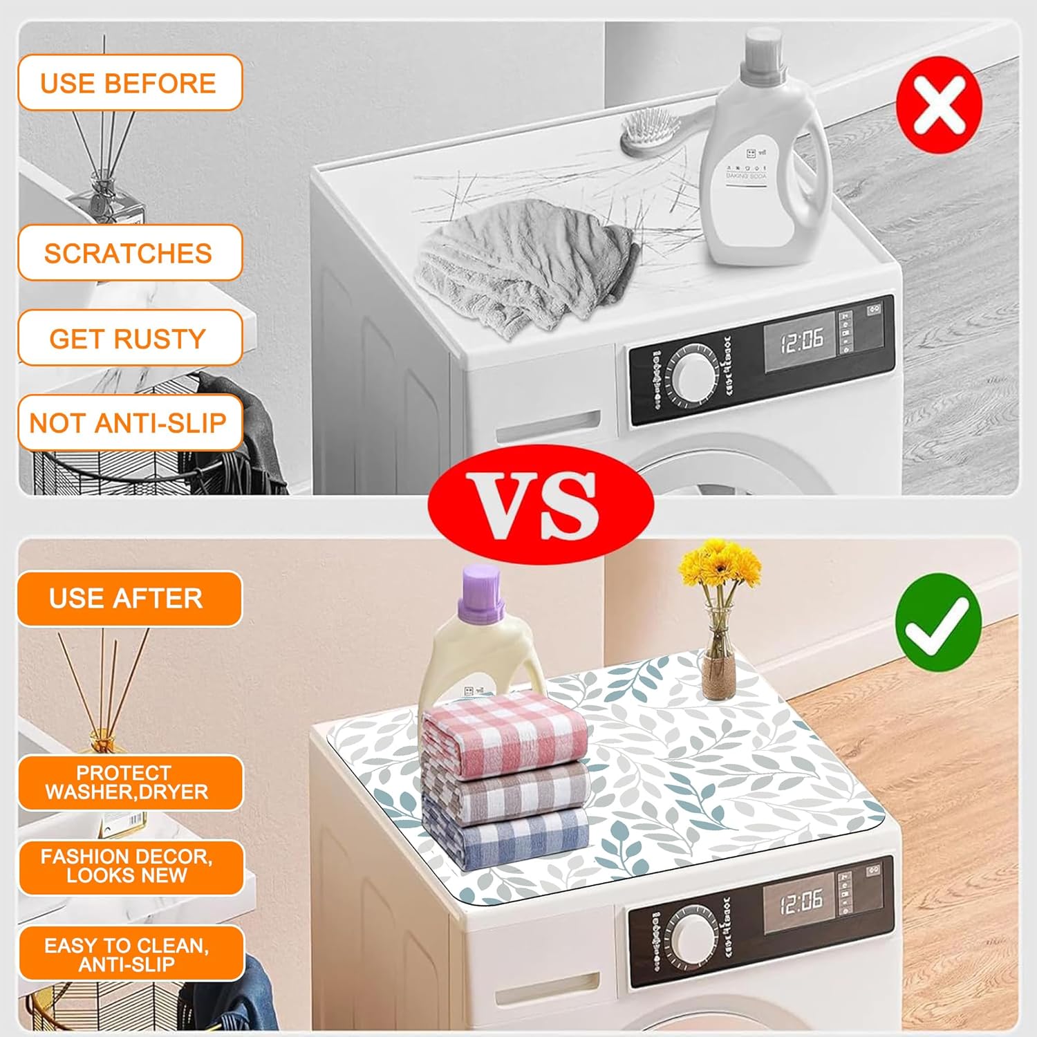 Gray Blue Branch Leaves Washer and Dryer Covers For The Top,Anti-slip Washing Machine Dust Cover Pad,Dryer Top Protector Mat for Laundry Room Kitchen Decor,23.6X19.7 in